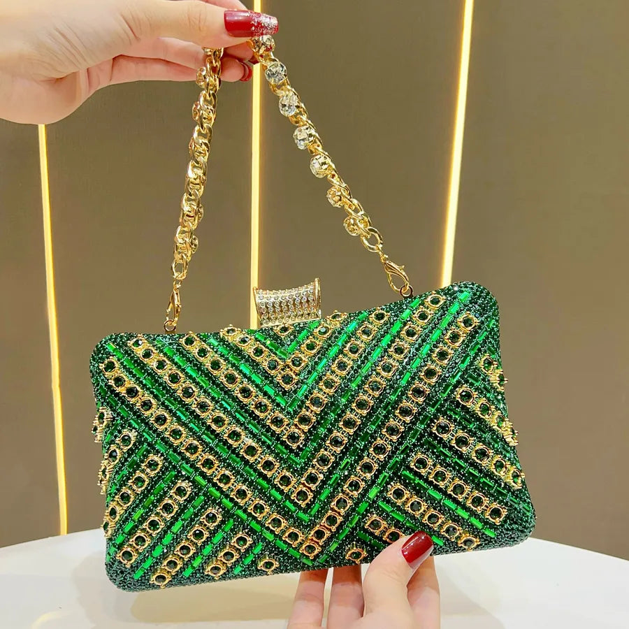 New Evening Gown Diamond Clutch Bag Single Shoulder Crossbody Women's Handbag Pillow Shape Polyester Striped Pattern