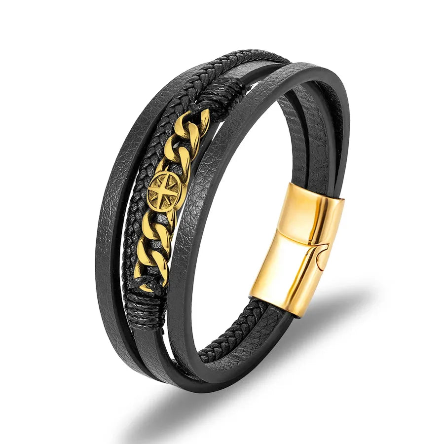 Retro Punk Geometric Pu Leather Titanium Steel Men's wristband Men Cord & Leather Bracelets
