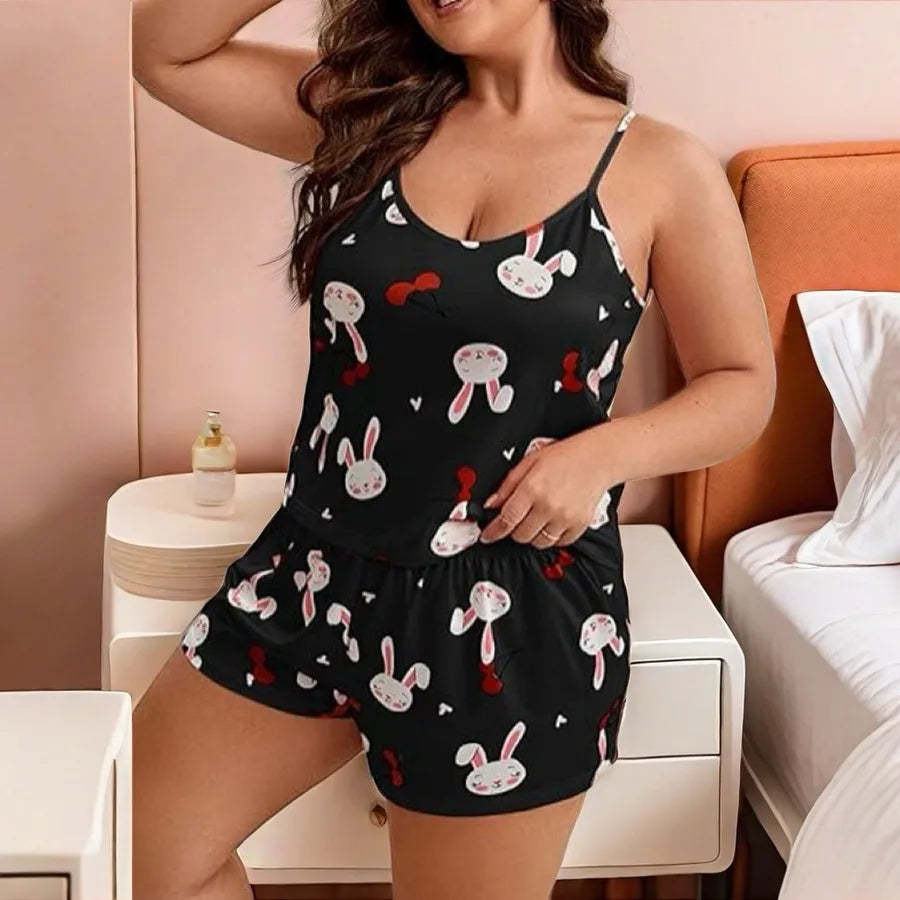 Sexy Plus Size Floral Print Halter Neck Sleepwear Set Women's Large Size Strap Viscose Polyester Blend Comfortable Nightgown