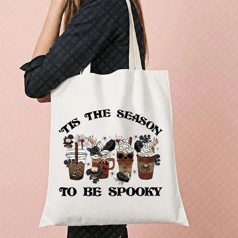 Halloween Movie Pattern Canvas Tote Bag Reusable Shopping Shoulder Bag Travel Large Square Printed Handbag Retro Style Women