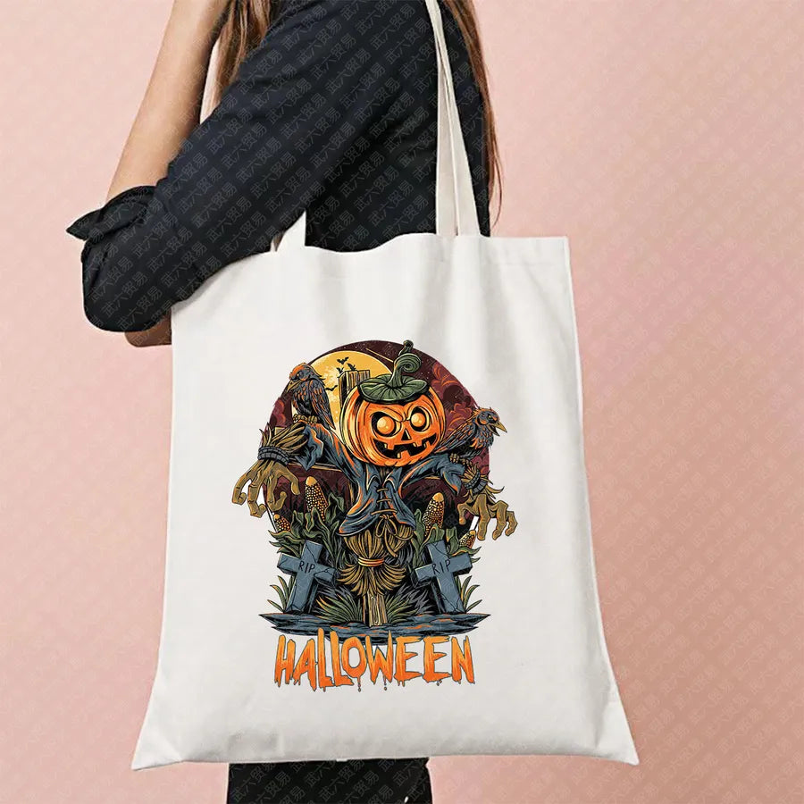 Halloween Witch Pattern Canvas Tote Bag Reusable Shopping Bag For Commuting Traveling Women Large Square Fashionable Bag