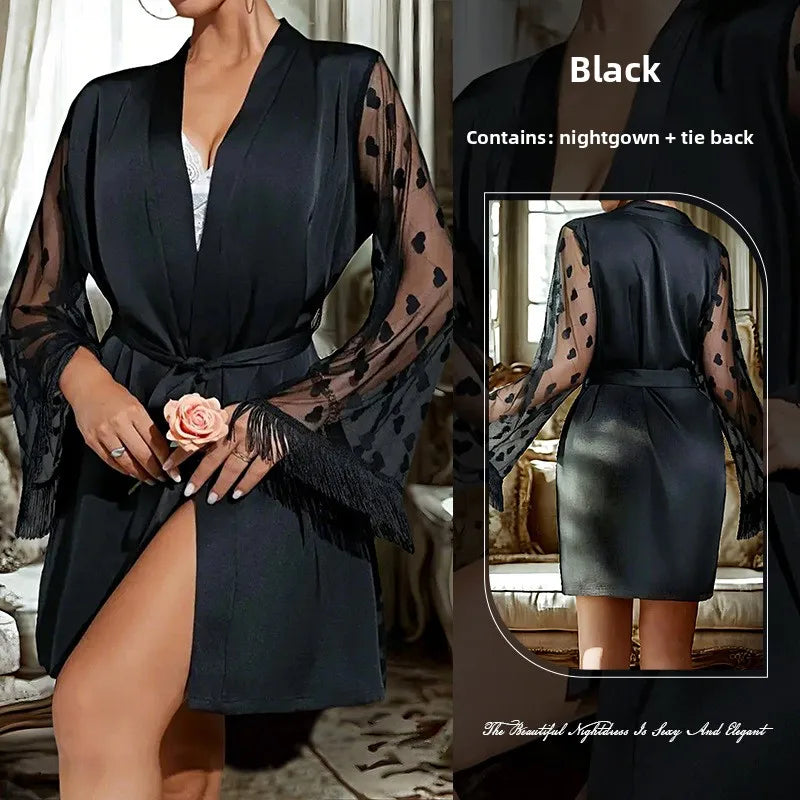 Sexy Pure Desire Heart Satin Sleepwear Morning Robe Women's Home Clothes V-neck Ultra-thin Simulation Silk Bathrobe For All Seasons