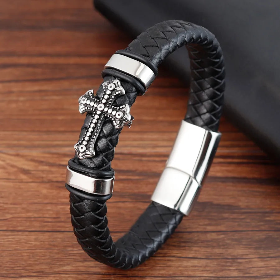 Vintage Style Classic Style Geometric Cross Pu Leather Titanium Steel Woven Chain Wrap Bracelets Wholesale