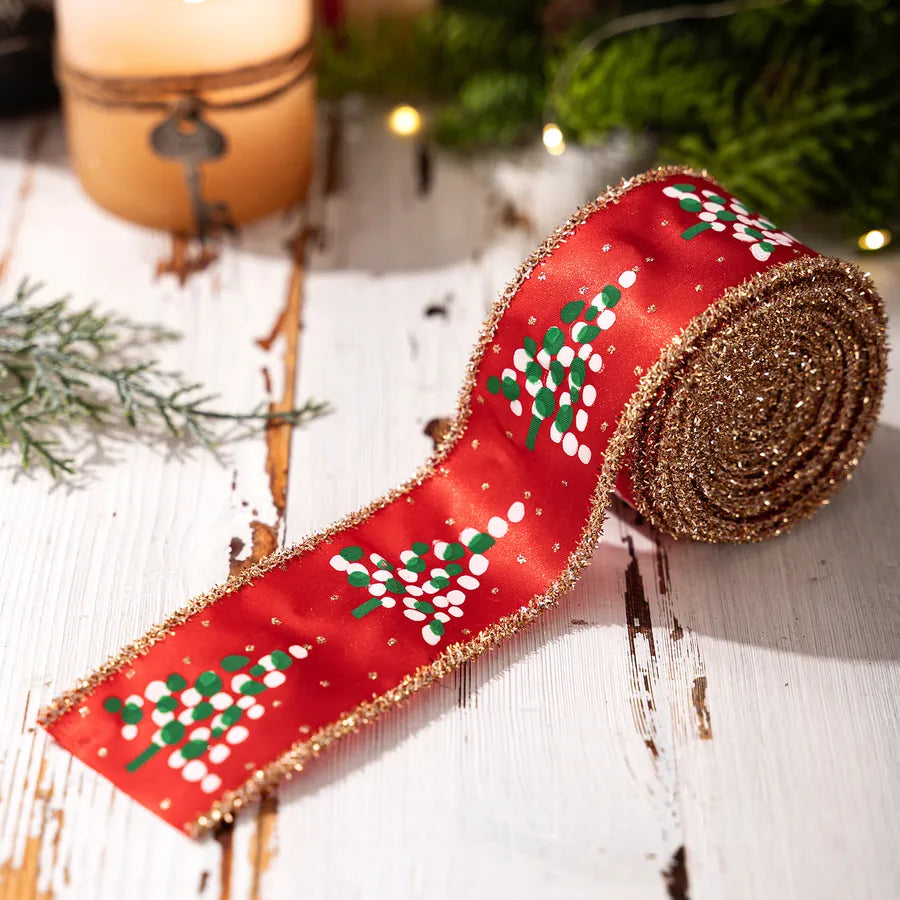 HaoBei New Print Onion Powder Small Tree Woven Belt Christmas Satin Ribbon Christmas Tree Flower Ring Decoration Silk Ribbon Arrangement Colorful Belt