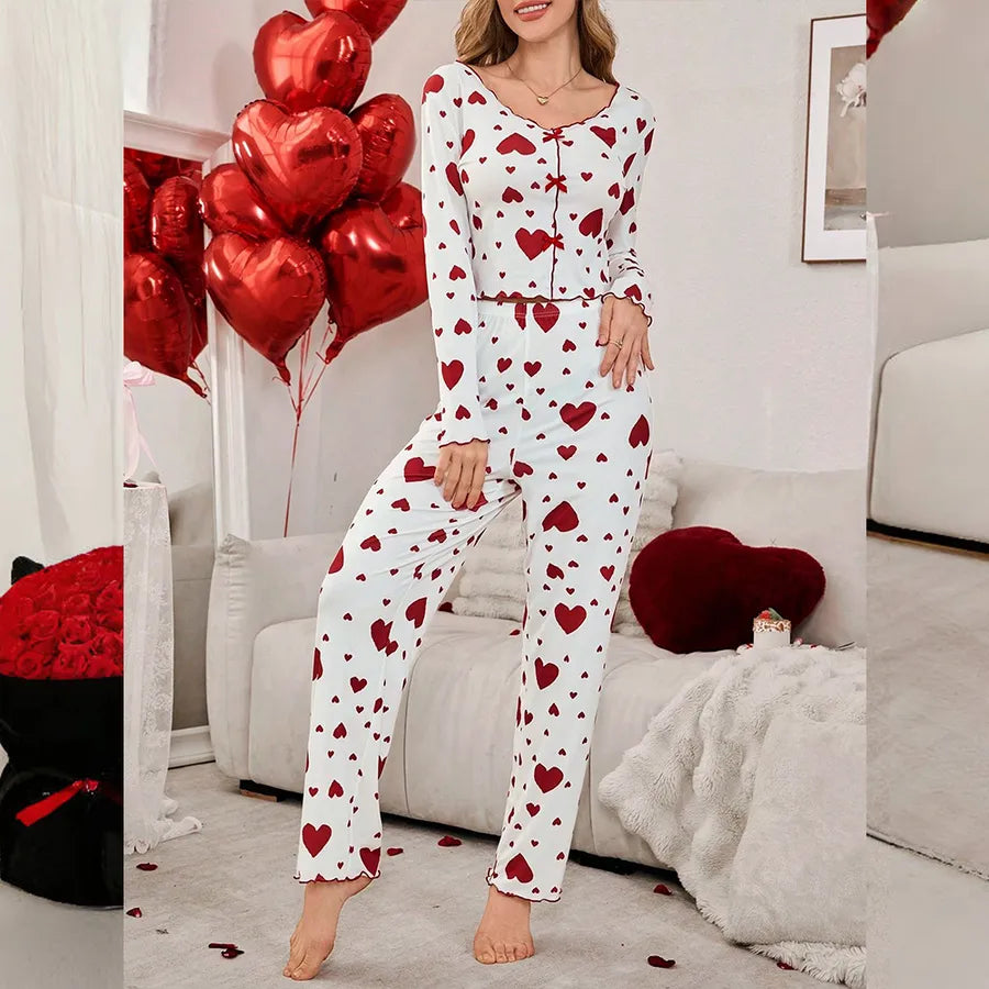 Ladies Spring Autumn Love Heart Print Home Clothes Set V Neck Long Sleeve Polyester Sleepwear Two Piece Cute Bedroom Costume