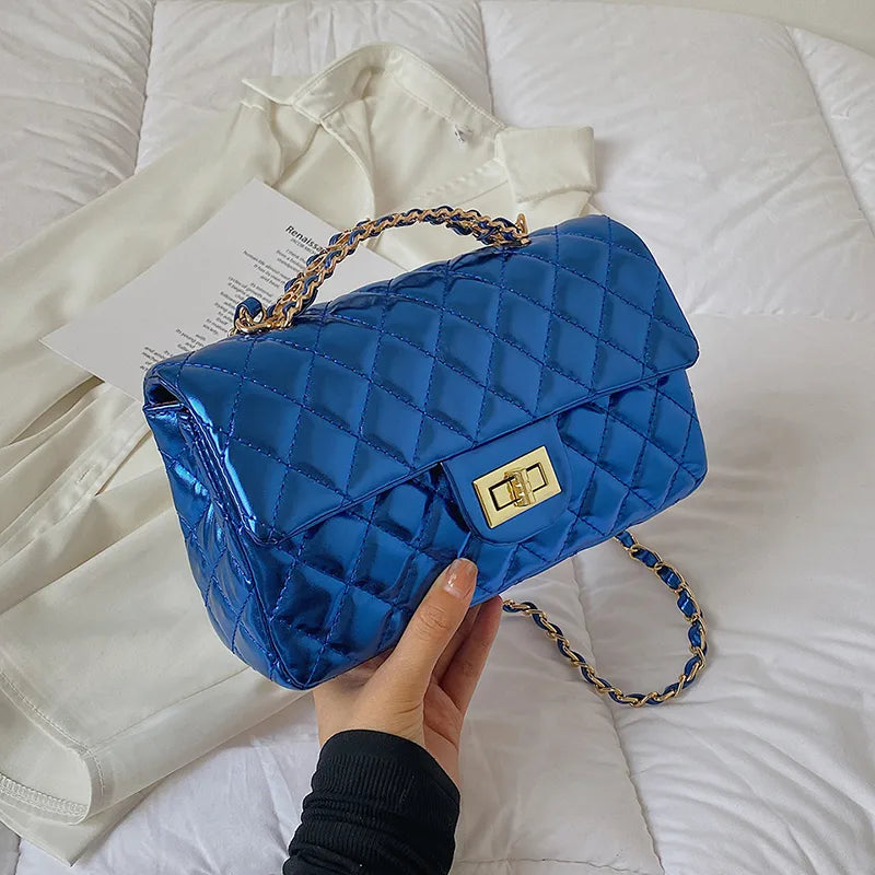 Women's Pu Leather Solid Color Lingge Streetwear Square Flip Cover Lock clasp Shoulder Bag