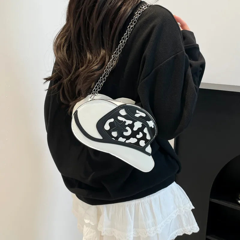 Fashionable Ladies' PU Leather Shoulder Bag Versatile Hat Shape Crossbody Bag Stylish Print Elements Round Ball Shaped Bag