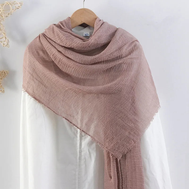 Hot selling solid color pleated cotton and linen scarf  women's bag headscarf crumpled hair fringe bubble scarf women's scarf cover head