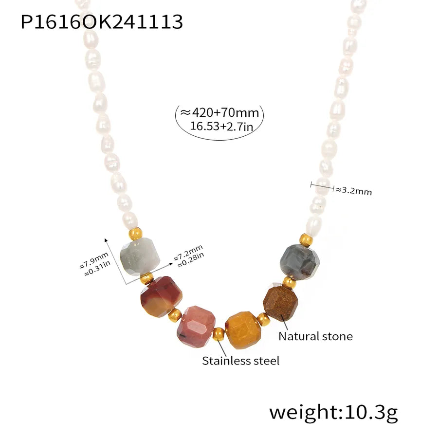 304 Stainless Steel natural stone Freshwater Pearl Ion Plating (IP) Beaded Chain Beaded Geometric Necklace