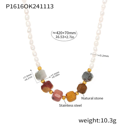 304 Stainless Steel natural stone Freshwater Pearl Ion Plating (IP) Beaded Chain Beaded Geometric Necklace