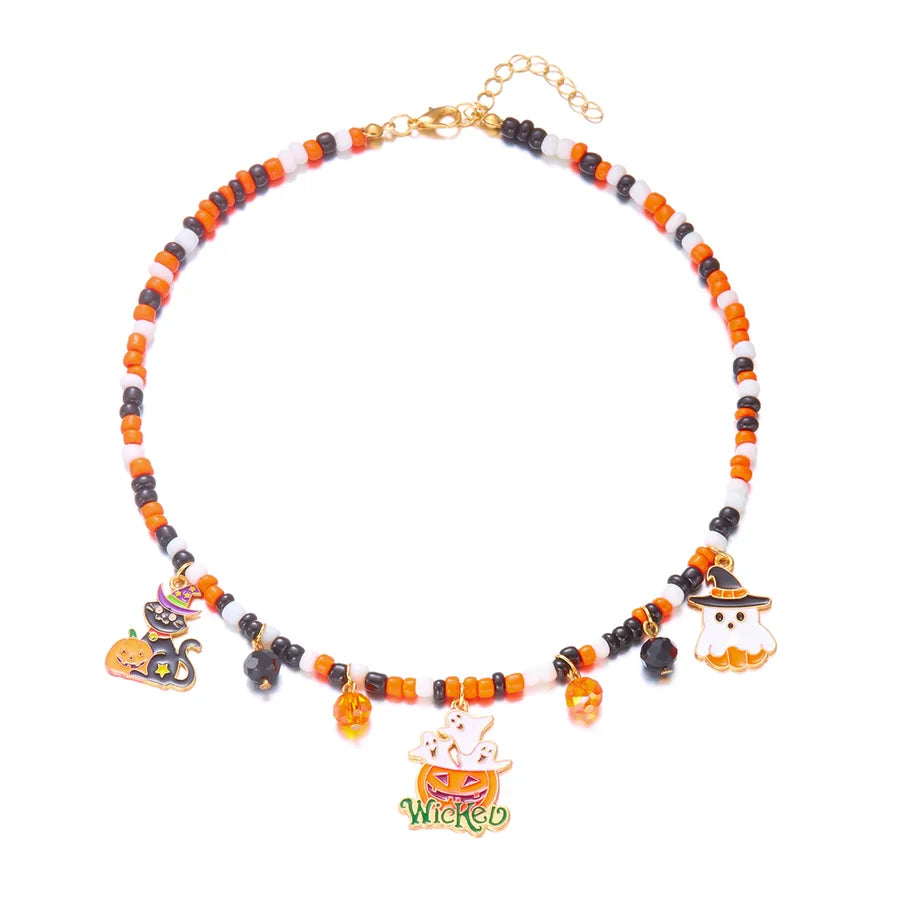 Handmade Halloween Necklace Ghost Spider Pendant Color Matched Pumpkin Design Zinc Alloy Women's Jewelry Accessory