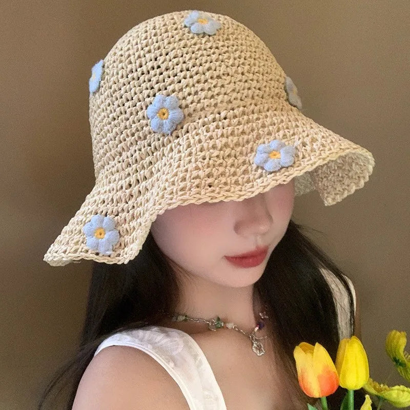 Summer Floral Straw Hat Foldable Sunscreen Fishing Cap Vacation Style Outing Hollow Weave Women's Hat Spring Season Print Design