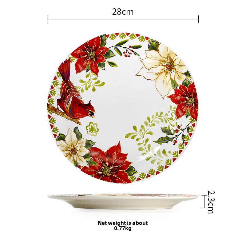 Style Plate Creative Christmas Red Bird Plate Hand-painted Flat Plate Distinctive Rectangular Tray Underglaze Color