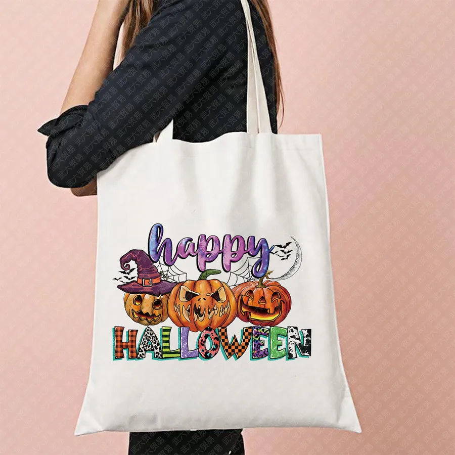Halloween Movie Pattern Canvas Tote Bag Reusable Shopping Shoulder Bag Travel Large Square Printed Handbag Retro Style Women