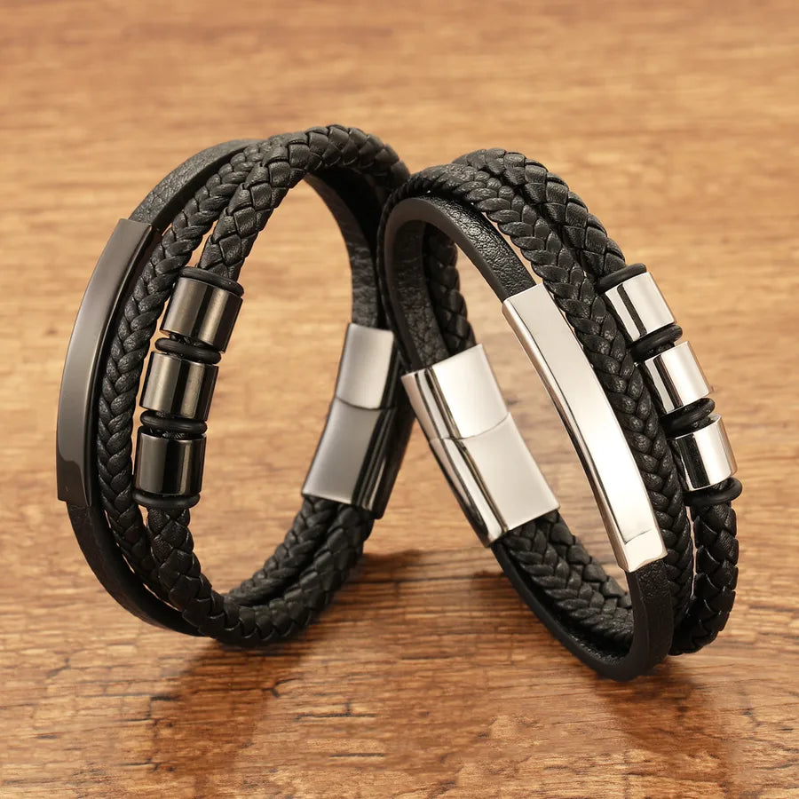 Titanium Steel Woven Stainless Steel Bracelet Men's Titanium Steel Magnetic Buckle Multi-Layer Leather Bracelet Wholesale