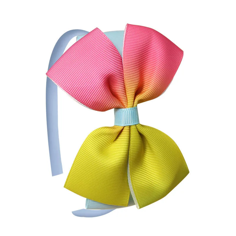 Popular  Kidsren's Pure Color Ribbed Rainbow Bow Head Buckle Small Fresh Versatile Girl Headband Hot Sale
