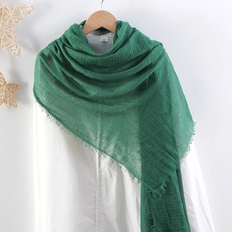 Hot selling solid color pleated cotton and linen scarf  women's bag headscarf crumpled hair fringe bubble scarf women's scarf cover head