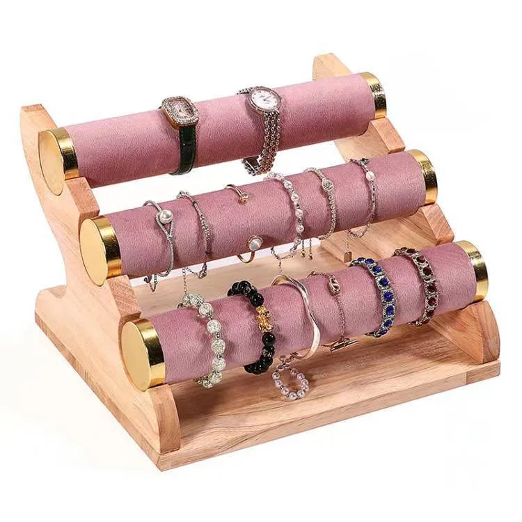 Gold Edged Solid Wood Three Tier Bracelet Stand Chain Display Stand Jewelry Stand Staircase Design High End Feeling Craftsmanship