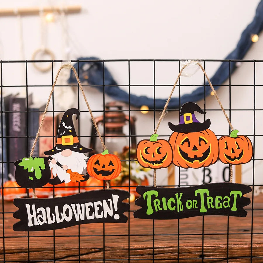 New Halloween Wooden Happy Face Pumpkin Door Plate Cartoon Gnome Door Hanging Home Party Decoration Props Halloween Themed
