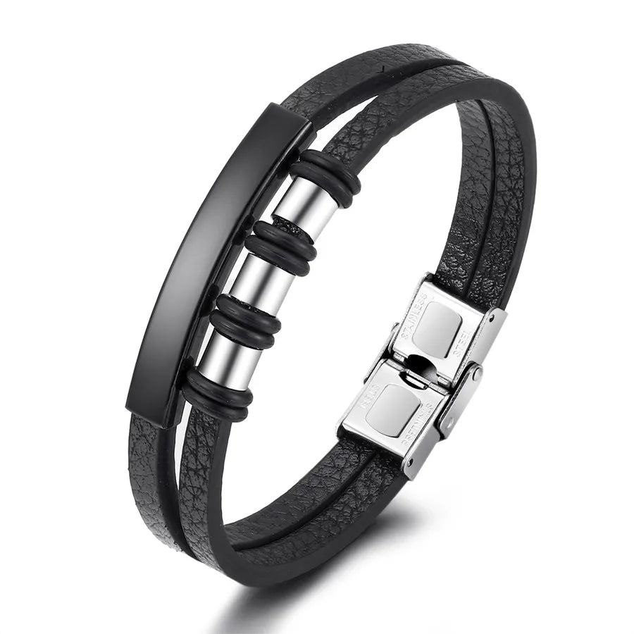 Retro Punk Solid Color Titanium Steel Men's Bangle Men Cord & Leather Bracelets