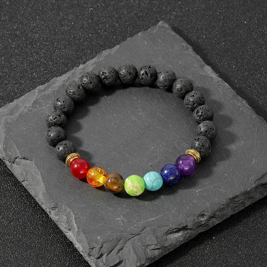 Factory direct supply colorful natural stone yoga bracelet lava volcanic stone woven elastic bracelet  hot sale
