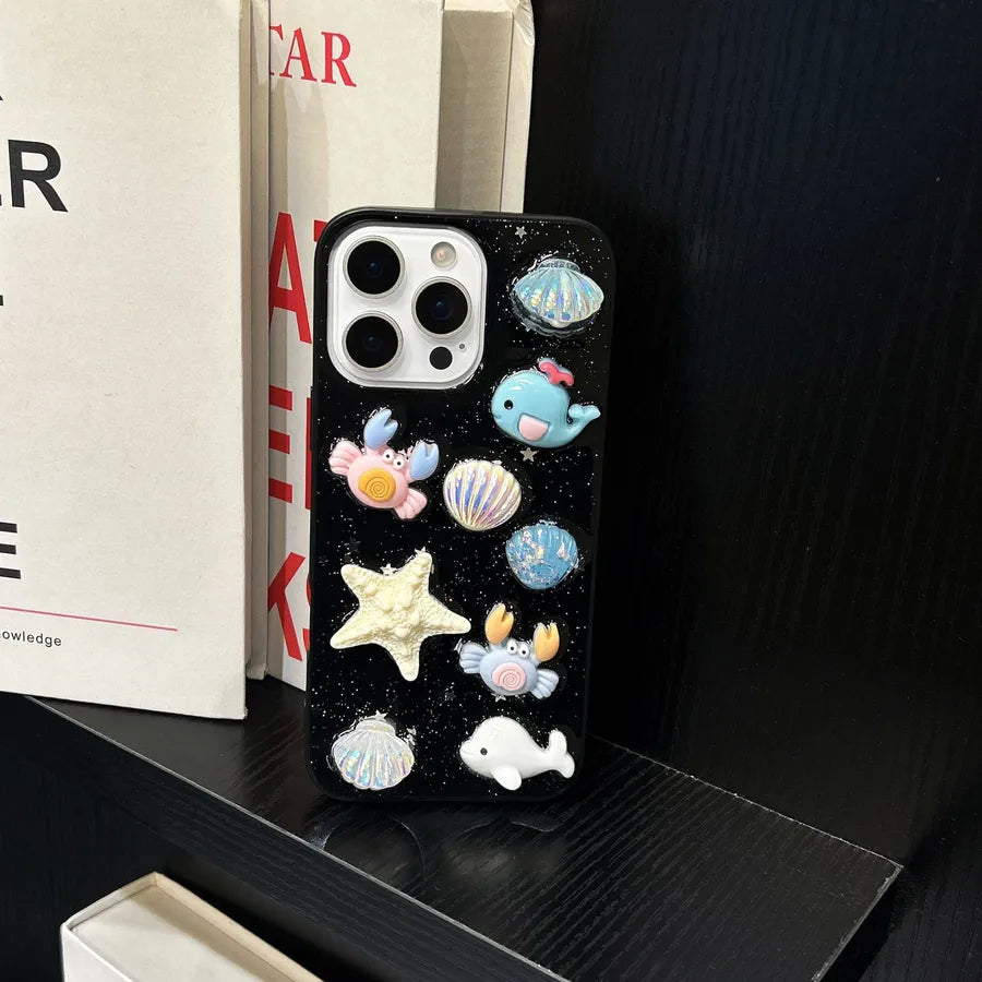 Ocean Life iPhone 15 Pro Max Phone Case Women's Style Drip Glue Protective Cover Personalized Design Handmade TPU Transparent Black