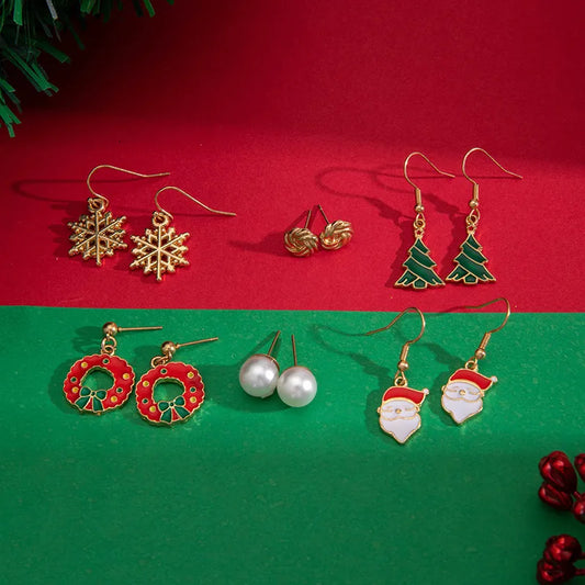 Christmas Themed Earring Set Alloy Snowflake Bow Tie Santa Claus Design Drip Oil Christmas Tree Stud Earrings For Women