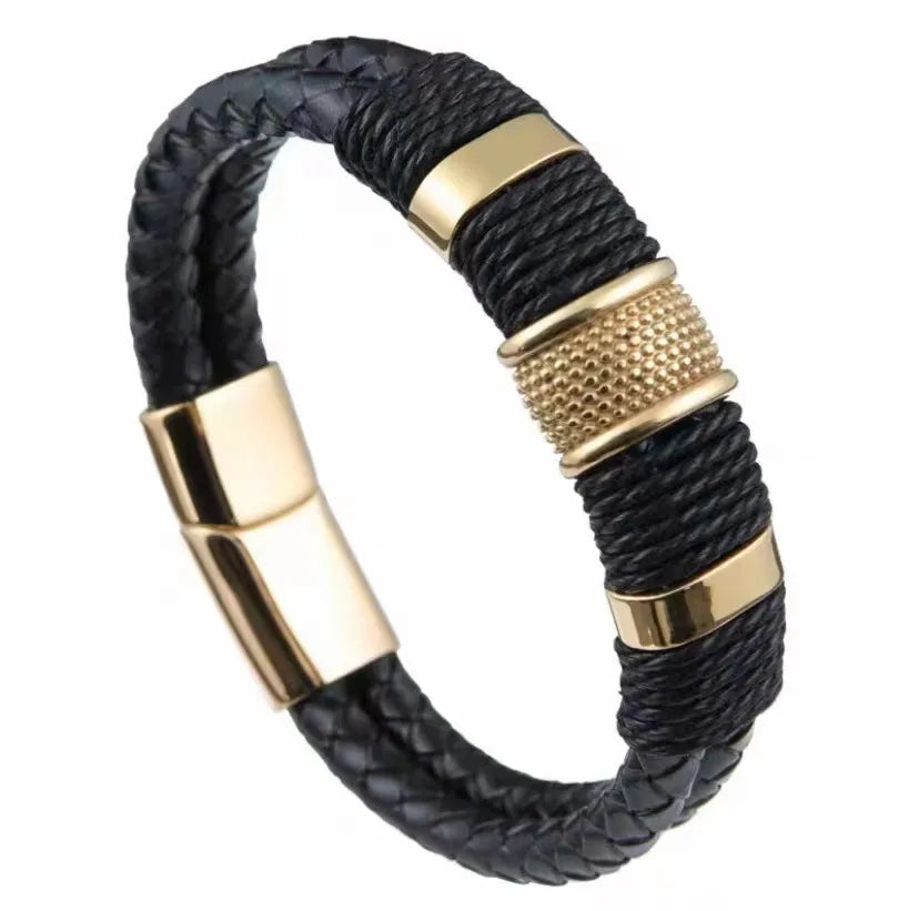 Explosions  Men's Woven Exquisite Titanium Steel Leather Bracelet Couple Double-layer Stainless Steel Magnet Buckle Bracelet