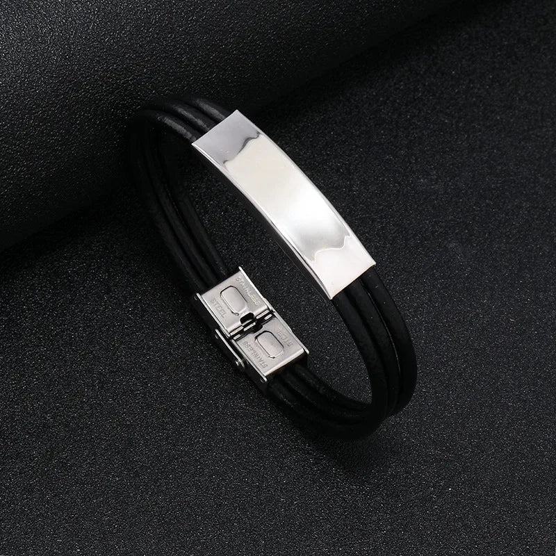 casual solid color stainless steel leather braid men's bracelets