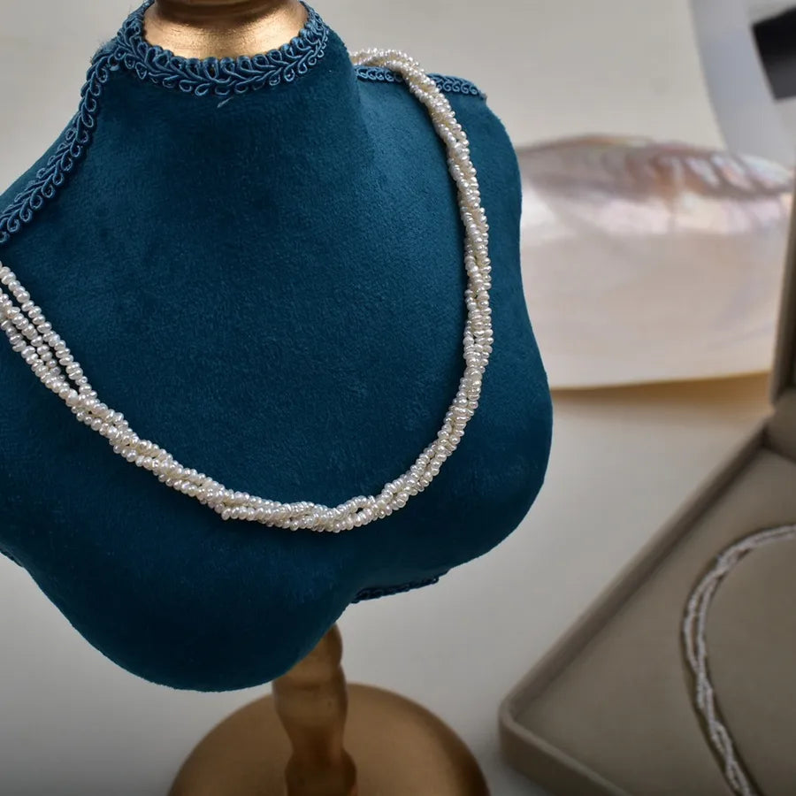 Natural Freshwater Pearl Necklace Simple Style Three-Layer Double-Layer Twisted Chain Small Flat Beads 2-3mm Jewelry Accessory