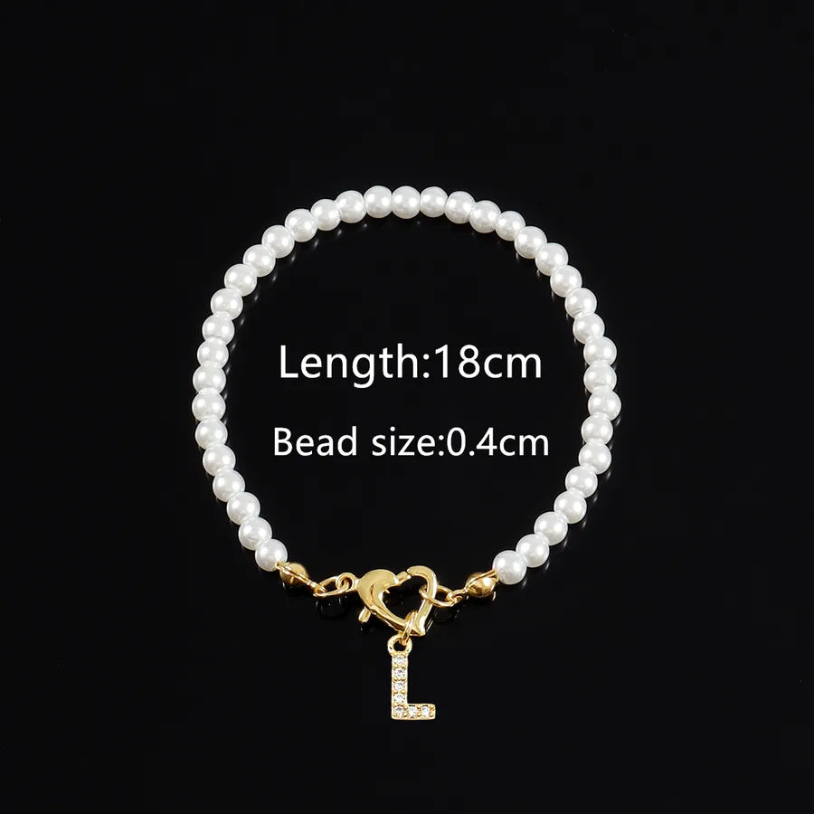 Elegant Classic Style Letter Heart Shape Zircon Artificial Pearl Copper Beaded Chain Beaded Bracelets Wholesale