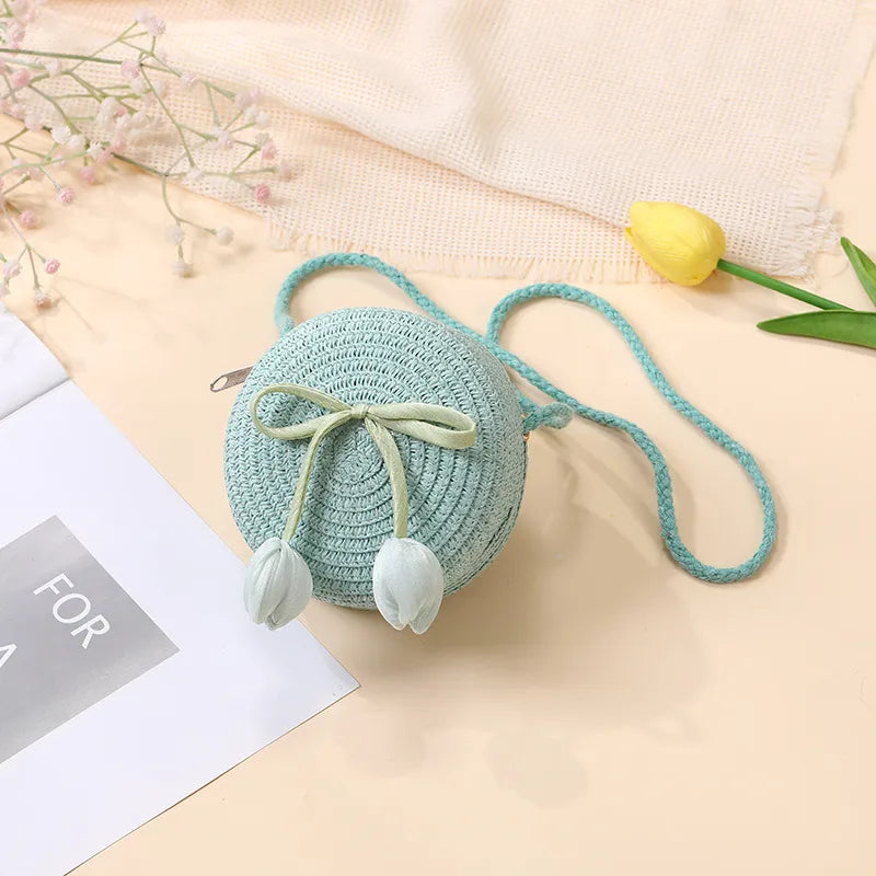 Summer Beach Seaside Tulip Straw Woven Bag  New Children Flower Straw Bag Mobile Phone Crossbody Bag