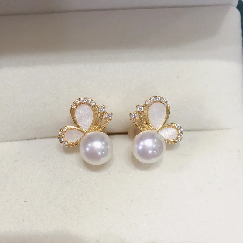 Small Bulb Natural Freshwater Pearl Earrings Women's Butterfly Earrings 18K Pack Gold Micro Zircon S925 Sterling Silver Earrings
