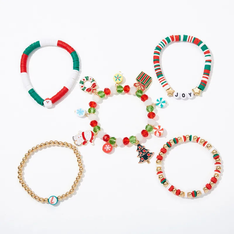 Christmas Theme Bracelet Set Santa Claus Christmas Tree Flower Ring Snowflake Cane Candy Crystal Beads Festival Jewelry