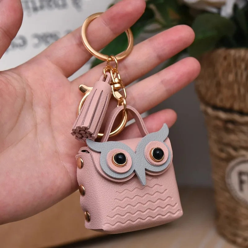 cartoon style owl pu leather metal unisex bag pendant keychain