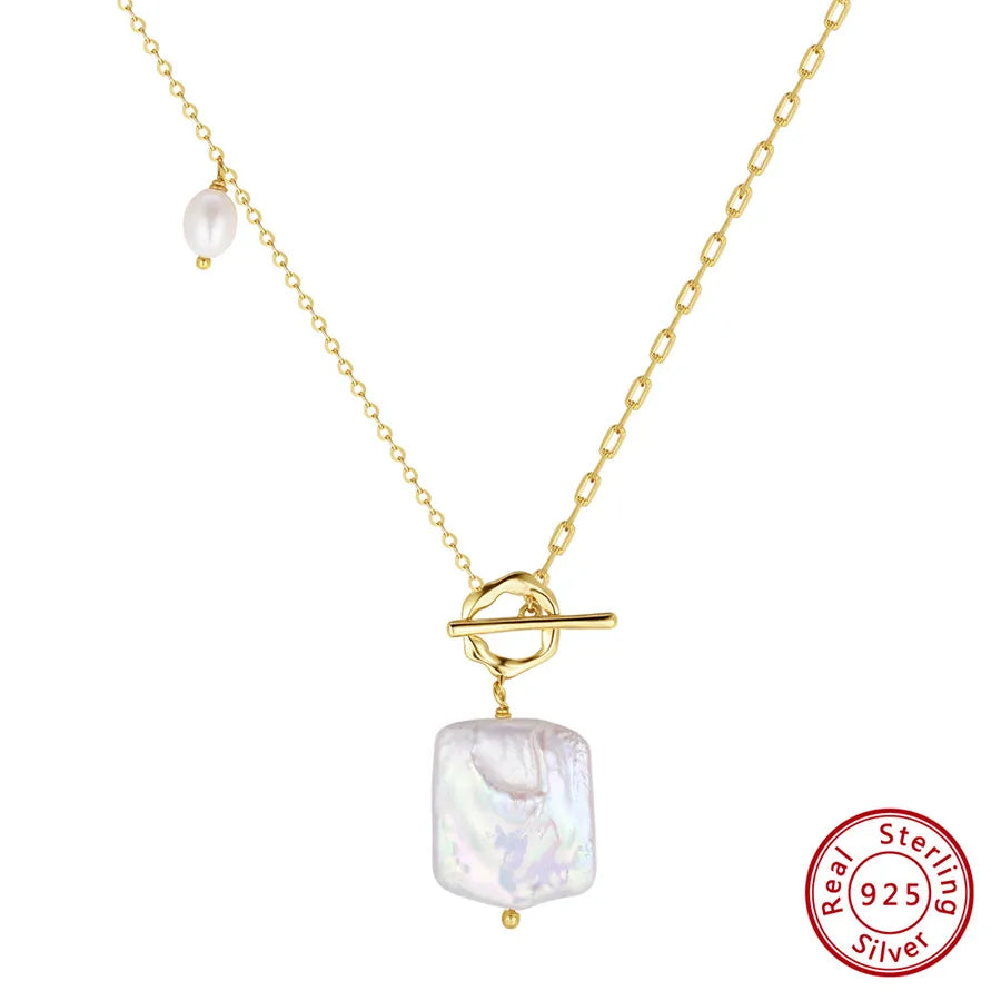 925 Sterling Silver Freshwater Pearl cable chain Plating Geometric Double Layer Necklaces Pendant Necklace Necklace