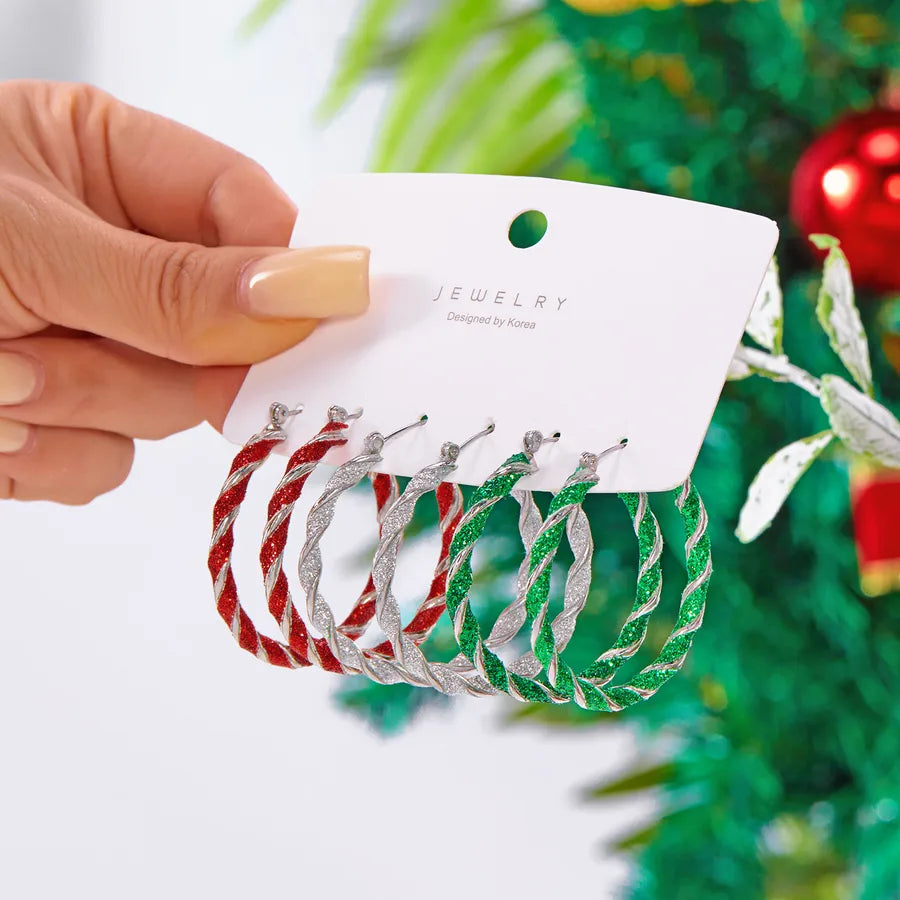 Christmas Themed Twisted Ear Cuff Earrings 3 Pairs Set Festive Red Green White Versatile Holiday Gift Unisex Zinc Alloy Resin