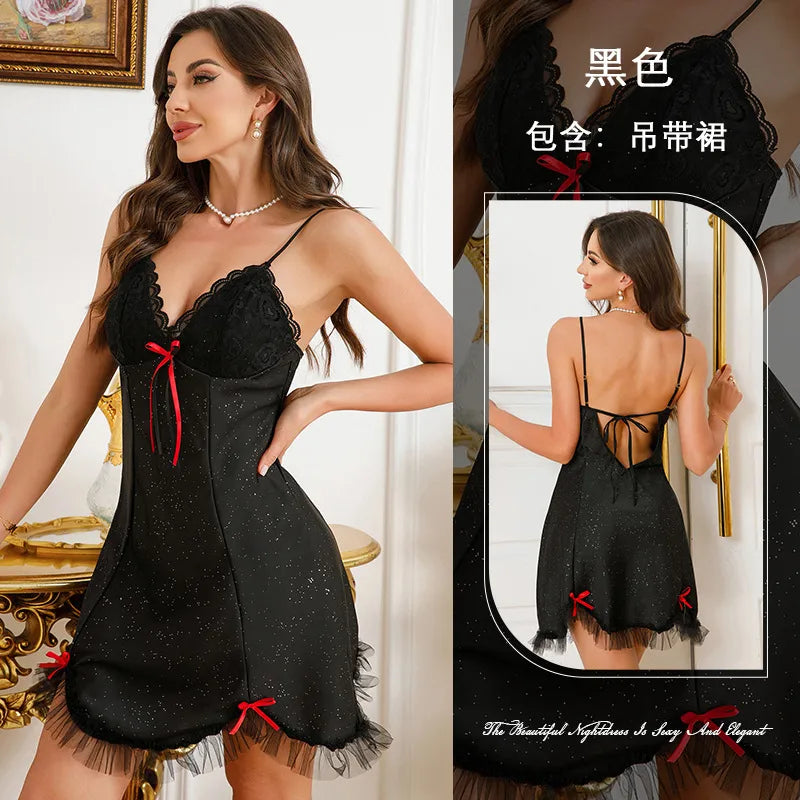 Elegant Hollow Out Lace Chemise Nightgown Sexy  Style Home Clothes Underwear For Women Breathable Summer