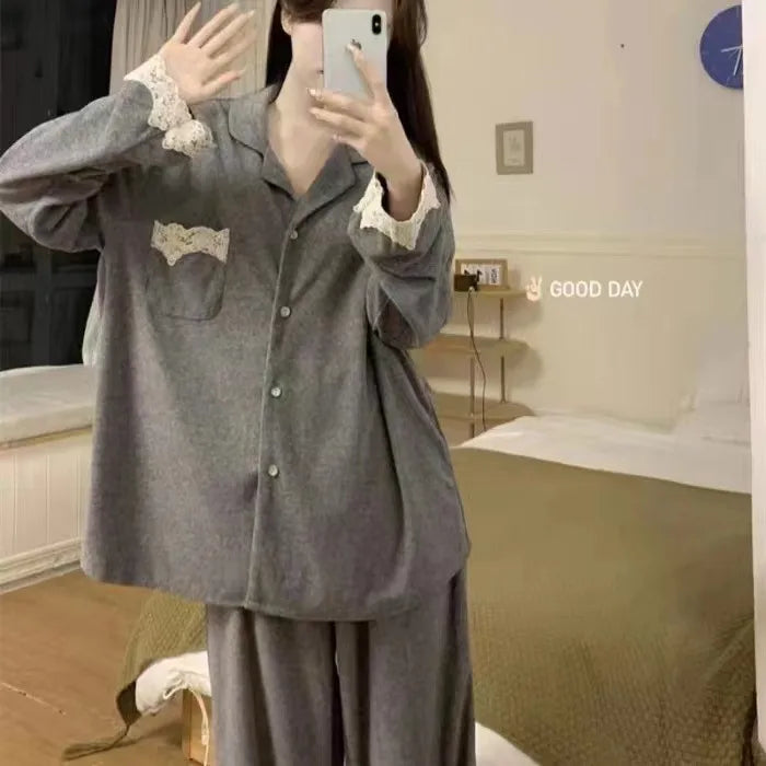 Spring Autumn Women's Long Sleeve Thin Casual Comfortable Home Clothes Set Polyester Milk Silk Medium Weight Sleepwear