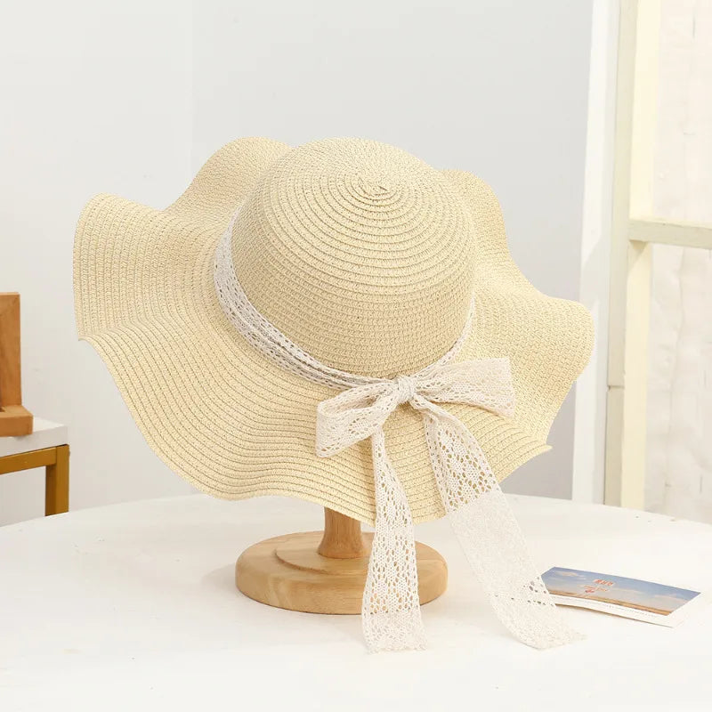 Summer Butterfly Knot Sash Straw Hat Beach Outing Sunscreen UV Protection Sun Hat Simple Design Other Print Adult Cap
