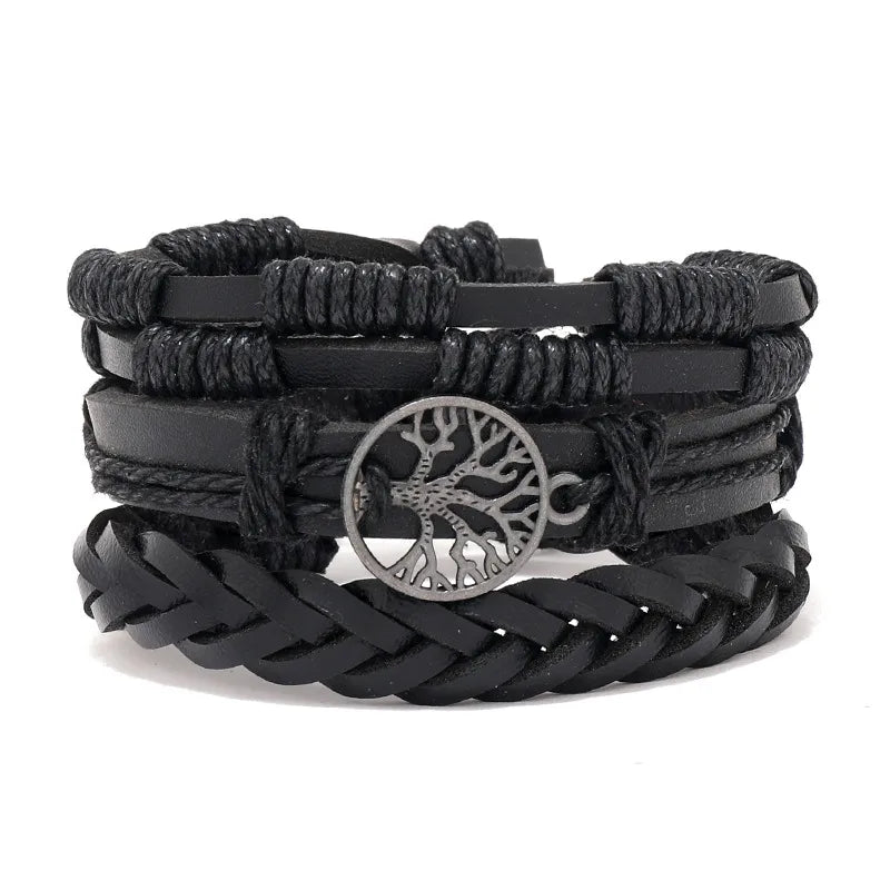 Retro Waves Flower Pu Leather Wood Beaded Men's Bracelets