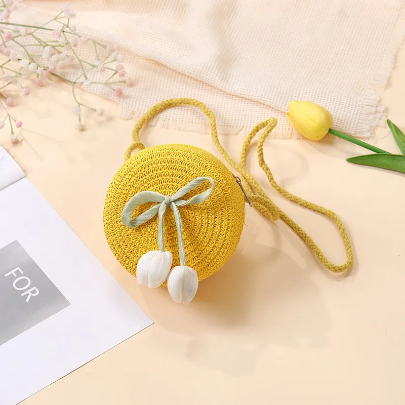 Summer Beach Seaside Tulip Straw Woven Bag  New Children Flower Straw Bag Mobile Phone Crossbody Bag