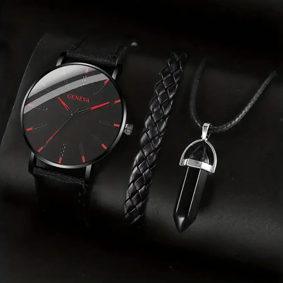 Men's watch and 1 piece exquisite leather bracelet plus 1 piece bullet ornament necklace
