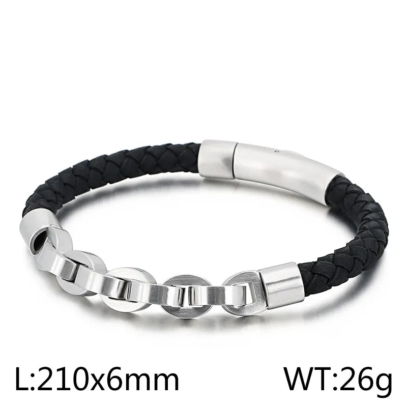 Hip-Hop Retro Color Block Stainless Steel Pu Leather Plating Chain 18K Gold Plated Men's Bangle