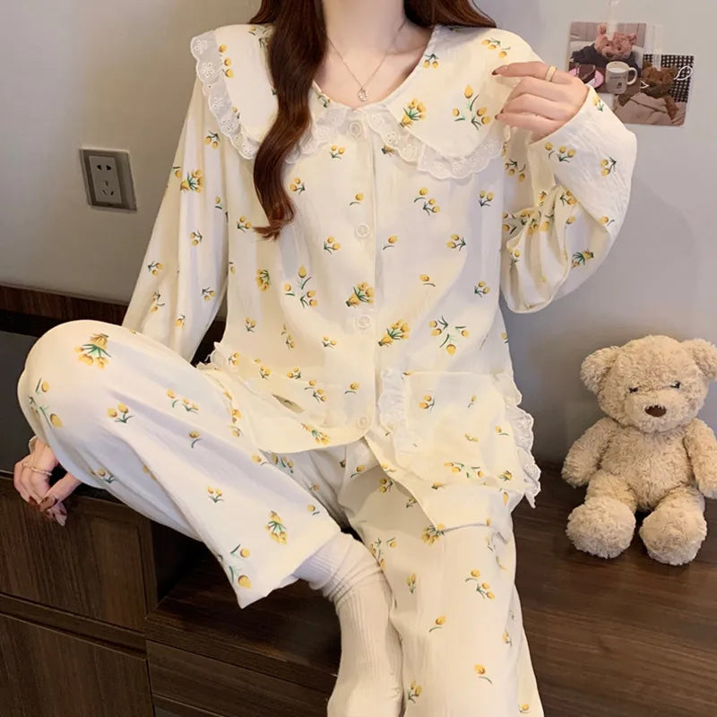Sweet Cherry Cloud Cotton Long Sleeve Spring Home Clothes Set For Girls Comfortable Breathable Sleepwear Casual Style