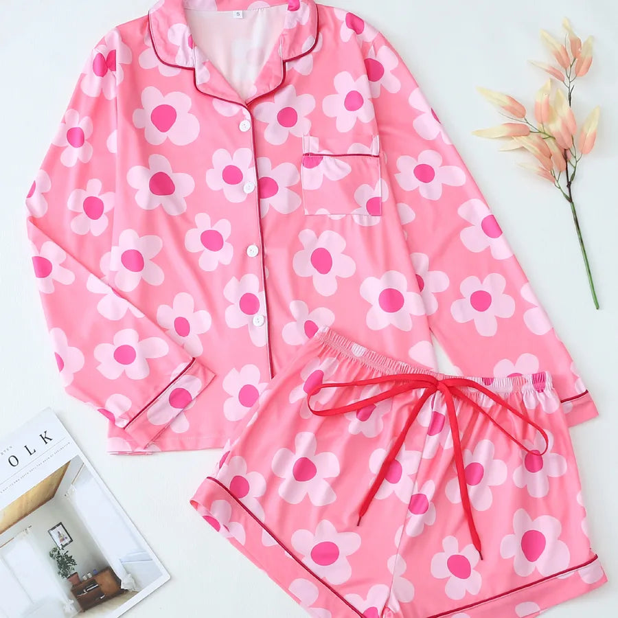 Home Women's Vacation Simple Style Flower Polyester Milk Fiber Shorts Sets Pajama Sets