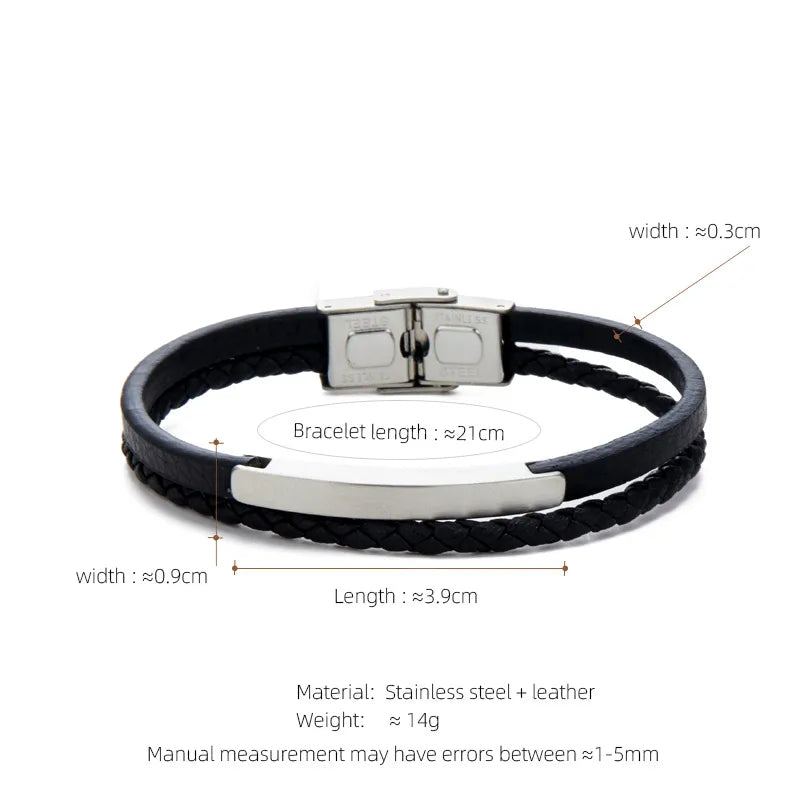 Retro Customization Laser Engraving Solid Color 304 Stainless Steel Pu Leather Braid Men's Bangle Men Cord & Leather Bracelets