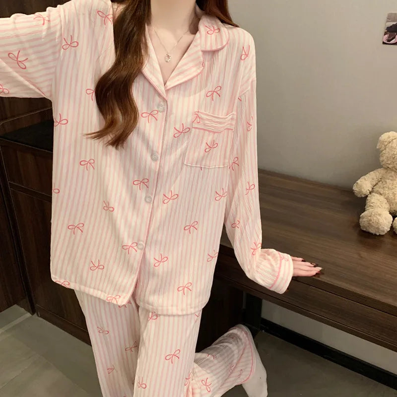 Spring Edition Pleated Fabric Sleepwear Long Sleeve Home Clothes Set For Women Sweet Cute Style Casual Breathable Polyester Milk Silk