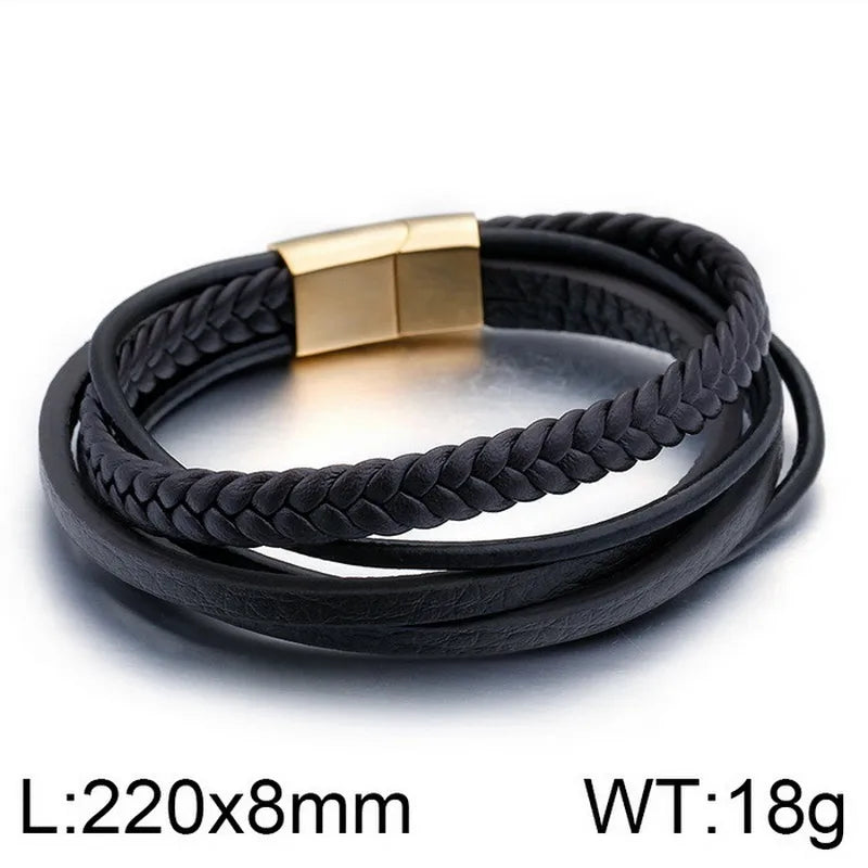 Retro Color Block Pu Leather Titanium Steel Braid 18K Gold Plated Men's Bracelets