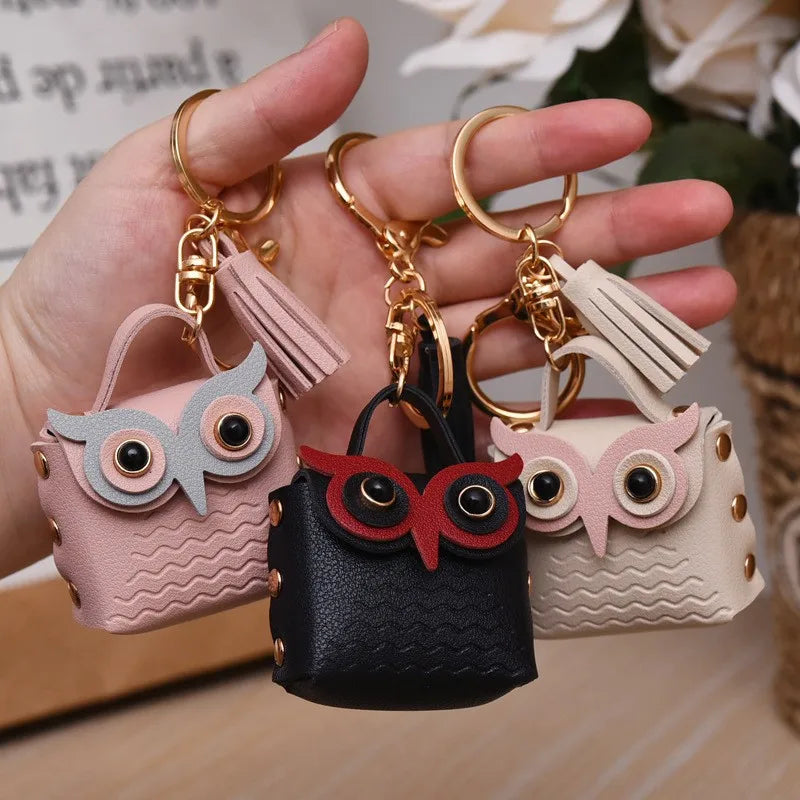 cartoon style owl pu leather metal unisex bag pendant keychain